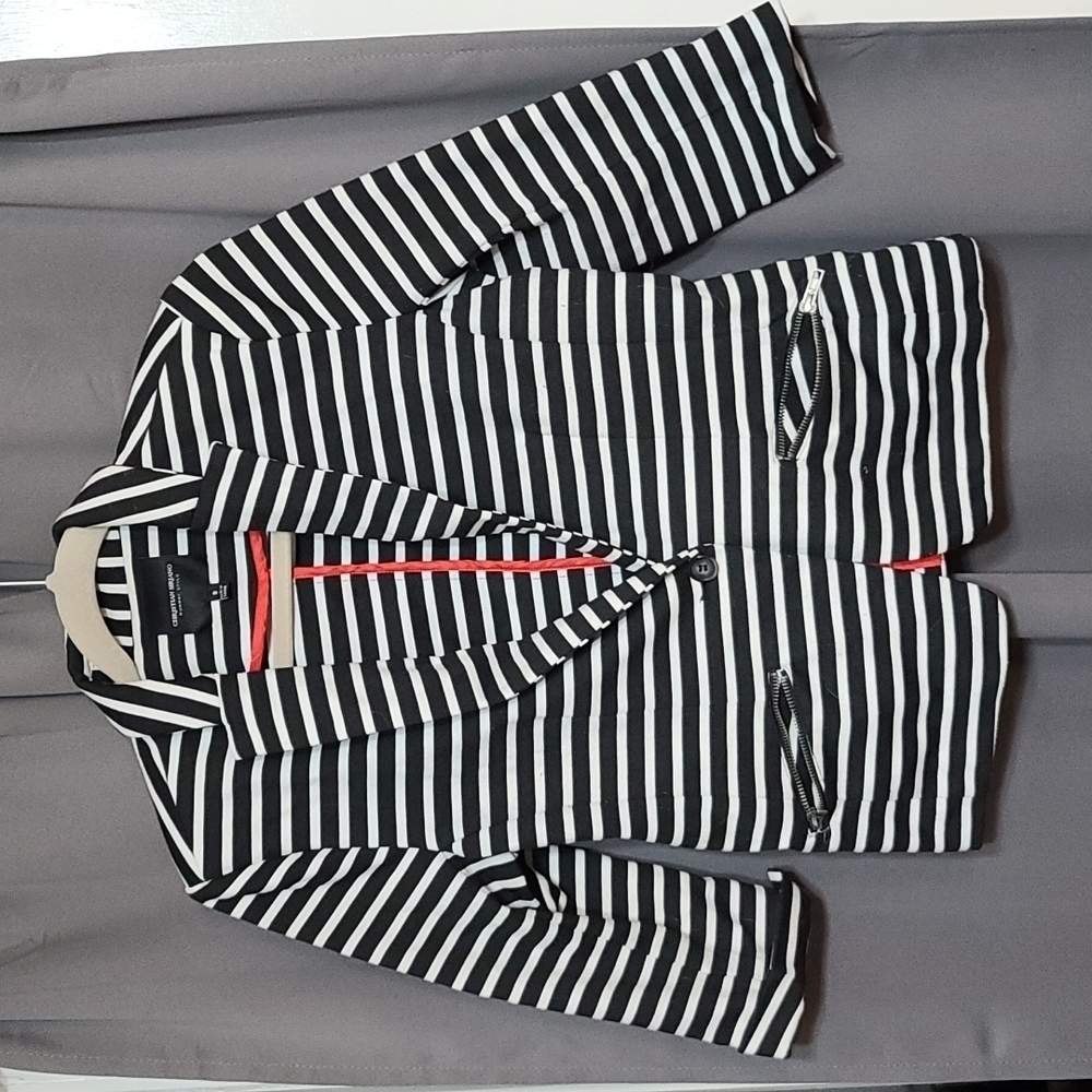 Christian Siriano Runway Style Blazer Black White Striped Button Pockets SzS GUC